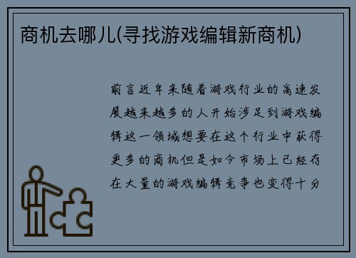 商机去哪儿(寻找游戏编辑新商机)
